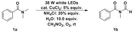 Reaction scheme of N-formyl amide synthesis using visible light and copper catalyst
