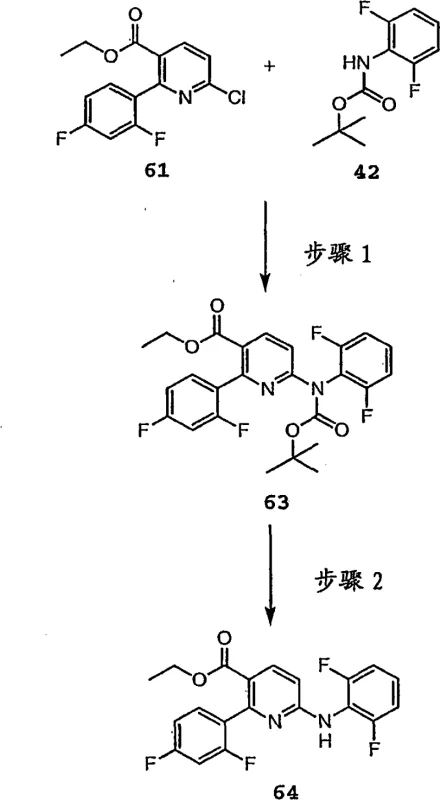 Reaction scheme showing coupling of compound 61 and 42 to form 63 and subsequent deprotection to 64