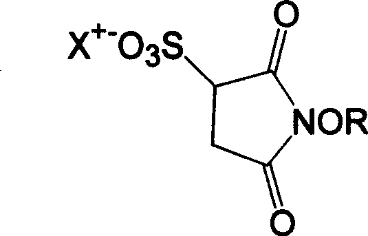 General chemical structure of N-hydroxy thiosuccinimide salt showing the sulfonate group and variable cation X+
