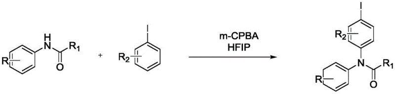 General reaction scheme for metal-free synthesis of N-iodobenzene-N-phenylamide compounds using m-CPBA and HFIP