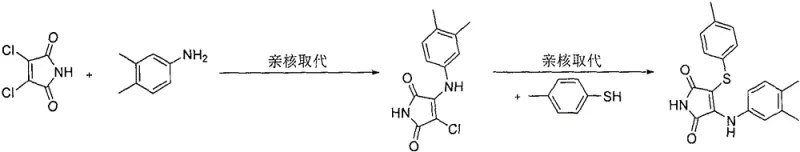 Conventional synthesis using 3,4-dichloromaleimide and thiophenols showing environmental and cost drawbacks