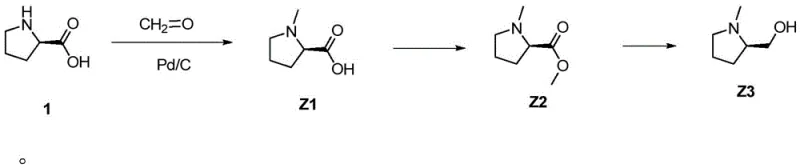 One-pot synthetic route from D-proline to N-methyl-D-prolinol showing key intermediates Z1 and Z2
