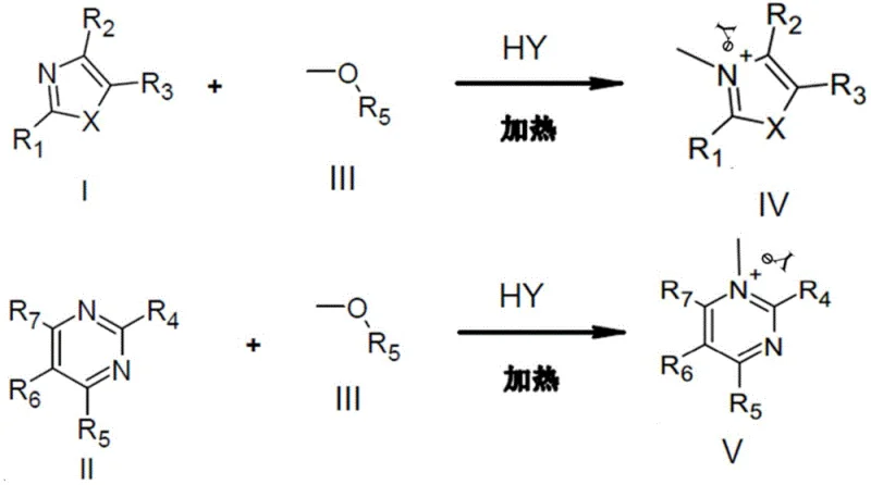 General reaction scheme showing N-methylation of nitrogen-containing aromatic heterocycles using aliphatic alcohol methyl ethers under acid catalysis