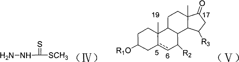 General synthesis scheme showing condensation of sterone with methyl hydrazinodithioformate