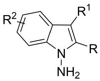 Structural formula of indoleamine precursor (Formula 1) showing variable R group substitutions including hydrogen alkyl ester aryl and halogen groups