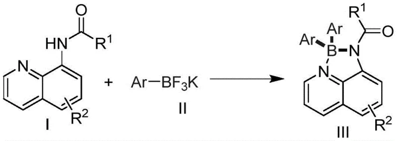 Reaction scheme for Method 1 showing the coupling of acylated 8-aminoquinoline derivative I with potassium trifluoroborate II