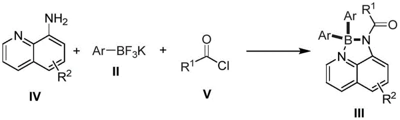 Reaction scheme for Method 2 showing the three-component one-pot synthesis using 8-aminoquinoline derivative IV, potassium trifluoroborate II, and acid chloride V
