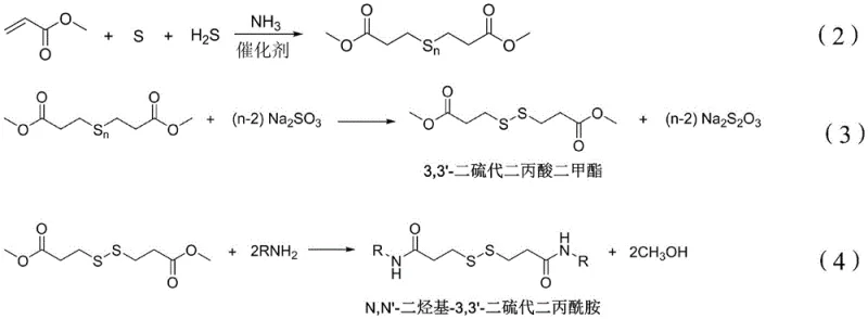 Complete reaction pathway showing vulcanization, reduction, and aminolysis steps for N,N'-dialkyl-3,3'-dithiodipropionamide synthesis