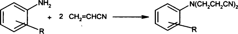General reaction scheme showing arylamine reacting with two equivalents of acrylonitrile to form N,N-dicyanoethyl arylamine using AlCl3-ZnCl2 catalyst