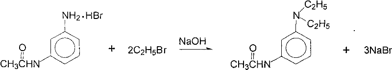 Ethylation reaction mechanism showing the formation of N,N-diethyl-m-acetamidoaniline and sodium bromide byproduct