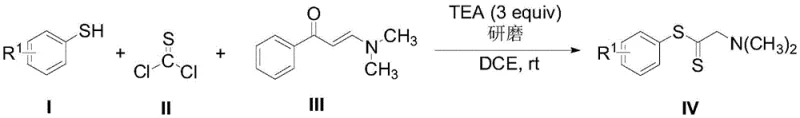 General reaction scheme for the synthesis of N,N-dimethyl dithioacetate compounds via grinding method