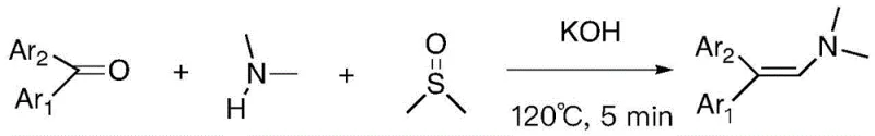 General reaction scheme showing the conversion of aromatic ketones and secondary amines to N,N-disubstituted-alpha,beta-unsaturated enamines using KOH and DMSO