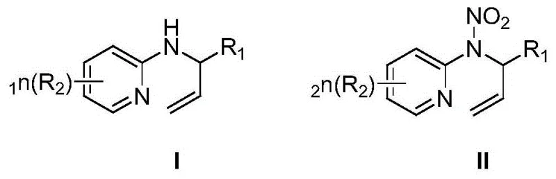 General reaction scheme showing the conversion of N-(1-phenylallyl)pyridin-2-amine to N-nitro-N-allyl pyridine-2-amine using nitrite and oxidant