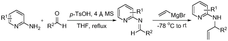 Synthesis route for the starting material N-(1-phenylallyl)pyridin-2-amine via condensation and Grignard reaction