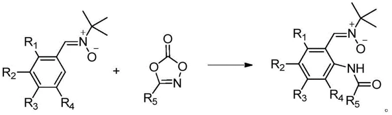General reaction scheme showing the synthesis of N-nitrone aromatic amides from aromatic nitrones and dioxazolones