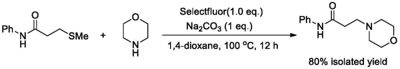 Reaction scheme showing Selectfluor mediated substitution of N-phenyl-3-methylthiopropionamide with morpholine to form N-phenyl-3-morpholine propionamide