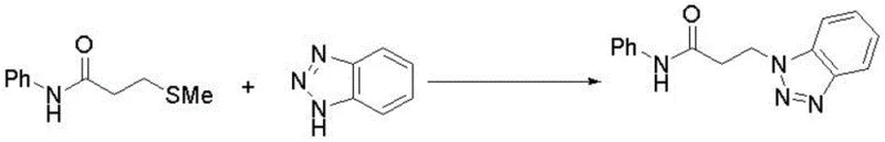 General reaction scheme showing the coupling of 3-methylthio-N-phenylpropionamide and benzotriazole