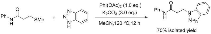 Optimized reaction conditions yielding 70 percent product using PhI(OAc)2 and K2CO3