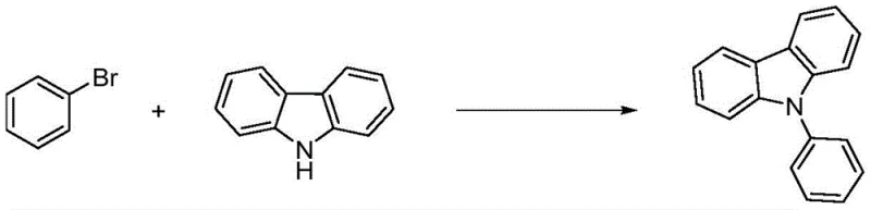 Prior art synthesis of N-phenylcarbazole using bromobenzene requiring high temperature and ligands