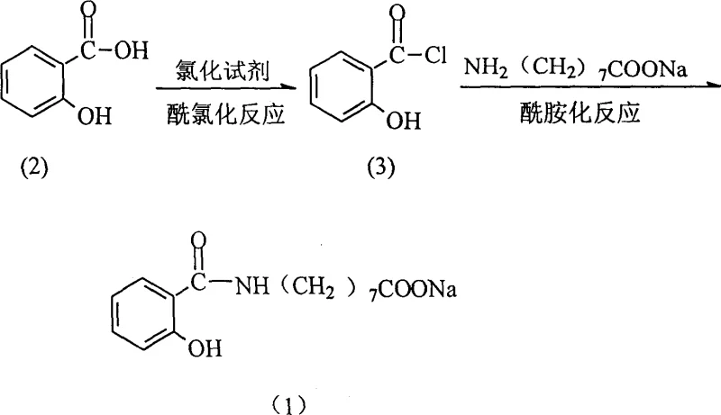 Reaction scheme showing the conversion of salicylic acid to salicyloyl chloride and subsequent amidation to form the target sodium salt