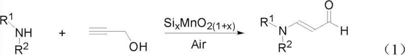 General reaction scheme showing secondary amine and propargyl alcohol reacting with SixMnO2(1+x) catalyst and air to form N-substituted-3-aminoacrolein