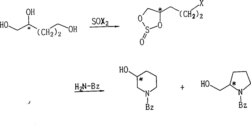 Reaction scheme showing conversion of 1,2-dihydroxyalkyl alcohol to cyclic sulfite intermediate and final N-substituted hydroxycycloalkylamine