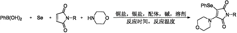 General reaction scheme showing the four-component coupling of phenylboronic acid, selenium, maleimide and morpholine