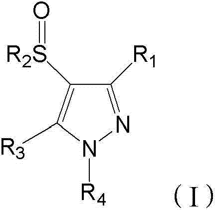 General chemical structure of N-substituted sulfinyl-pyrazole derivatives (Formula I) showing variable substituents R1 through R4