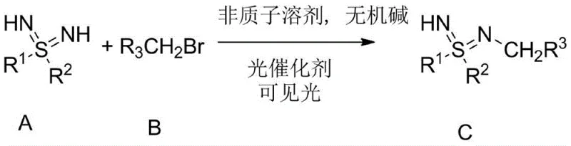General reaction scheme for photocatalytic synthesis of N-substituted sulfone diimine using iridium catalyst