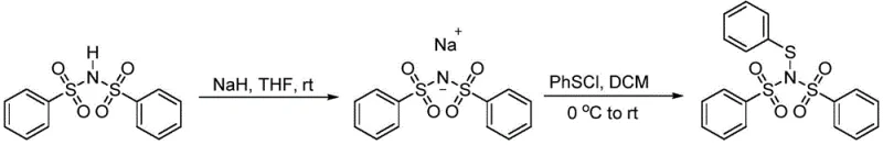 Synthesis route showing conversion of bisbenzenesulfonimide to sodium salt and subsequent reaction with PhSCl to form the target reagent