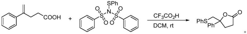 Application of the reagent in thioarylation and lactonization reaction converting 4-phenyl-4-pentenoic acid to a lactone product