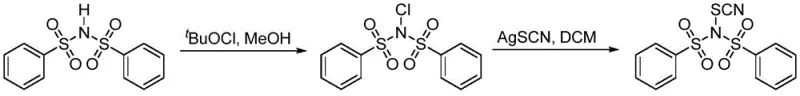 Synthesis route of N-thiocyanobenzenesulfonimide from bis(benzenesulfonyl)imide via N-chloro intermediate