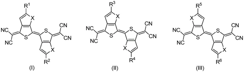 General chemical structures of N-type quinoid dithiophene compounds (I, II, III) showing variable heteroatoms and substituents