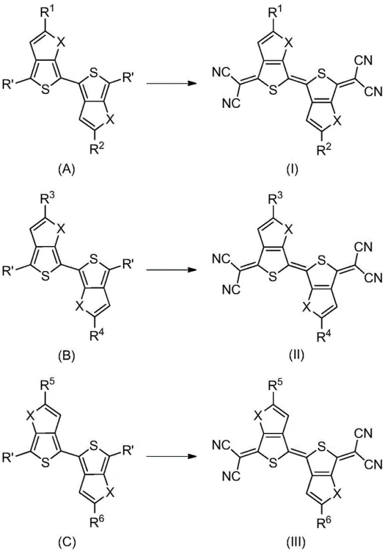 General synthetic scheme converting precursors (A, B, C) to final quinoid products (I, II, III) via coupling and condensation