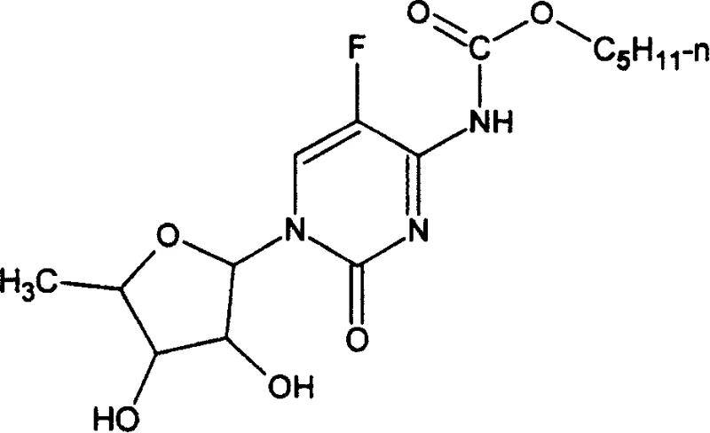 Chemical structure of Capecitabine showing the N4-pentyloxycarbonyl group