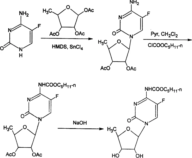 Prior art synthetic scheme showing complex protection steps