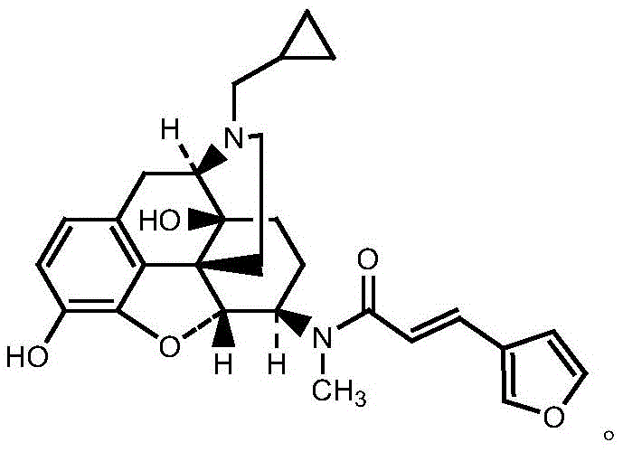 Chemical structure of Nalfuraphine showing the complex morphinan core and furan acrylamide side chain