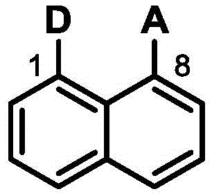 General structural formula of naphthalene-based D-pi-A organic fluorescent material showing donor and acceptor units at 1,8 positions