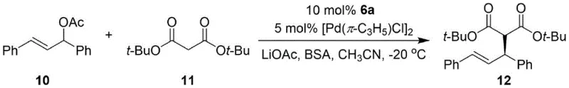 Asymmetric coupling reaction between allyl acetate and di-tert-butyl malonate demonstrating high enantioselectivity