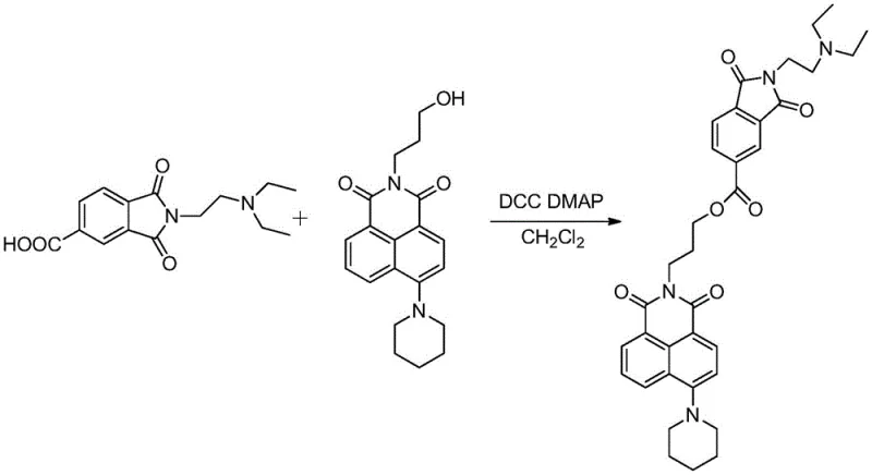 Final esterification reaction mechanism using DCC and DMAP to couple intermediates