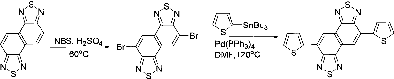 Synthetic route for 3,7-dithiophene-naphtho-bis-thiadiazole showing halogenation and coupling steps