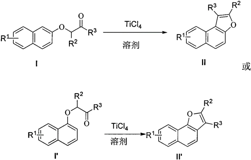 General reaction formula showing the conversion of naphthoxy ketones (I and I') to naphthofuran derivatives (II and II') using TiCl4