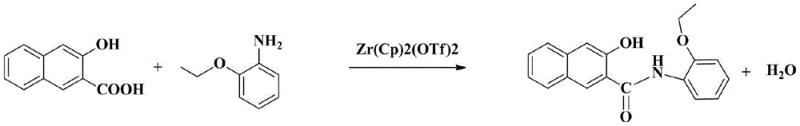 Reaction scheme showing the condensation of 2-hydroxy-3-naphthoic acid and o-aminophenetole catalyzed by Zr(Cp)2(OTf)2 to form Naphthol AS-PH