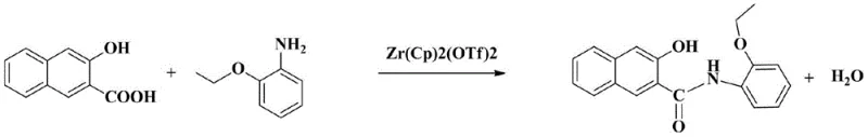 Reaction scheme showing the synthesis of Naphthol AS-PH from 2-hydroxy-3-naphthoic acid and o-aminophenyl ethyl ether using Zr(Cp)2(OTf)2 catalyst