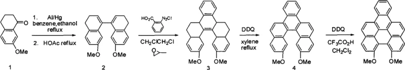 Synthetic route for the unsubstituted naphthoperylene core involving reduction, diazonium coupling, and DDQ oxidation steps