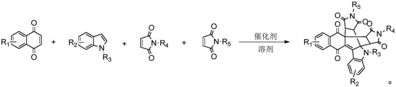General reaction scheme showing one-pot tandem cyclization of naphthoquinone, indole, and maleimide