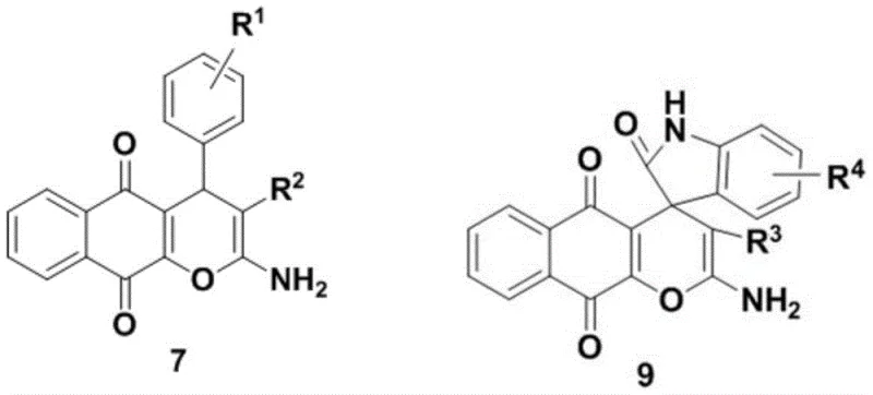 General chemical structures of naphthoquinopyran derivatives 7 and 9 showing variable substituents R1-R4