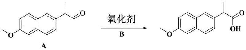 Chemical reaction scheme showing oxidation of aldehyde A to carboxylic acid using oxidant B
