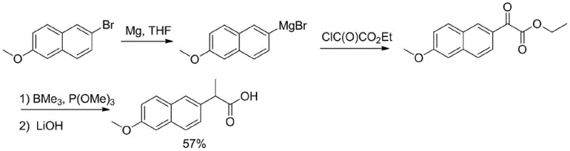 Conventional Grignard reaction route for naproxen intermediate synthesis showing harsh conditions