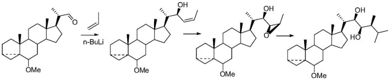 Complex multi-step total synthesis route of natural brassinolide showing low yield and difficulty